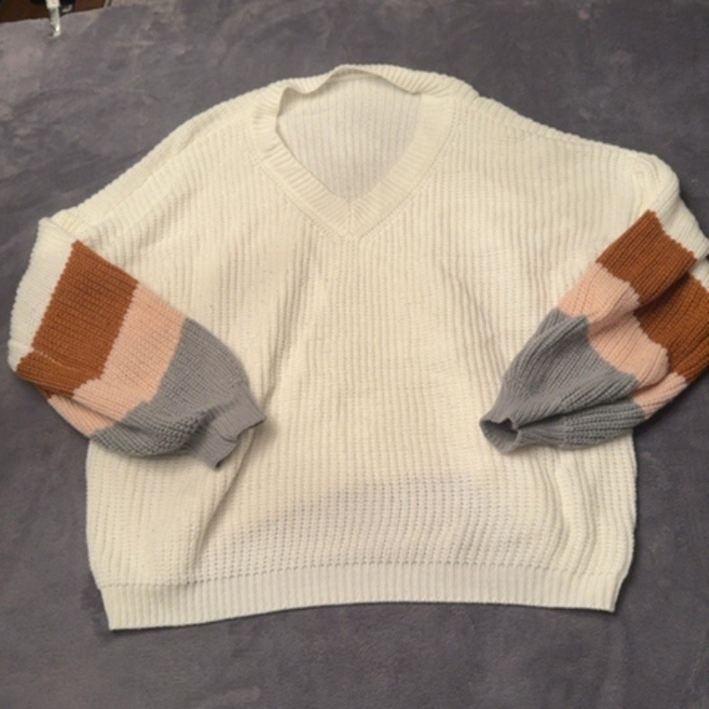 Unbranded Sweater Women XL White Colorblock Sleeve Casual Chunky Knit